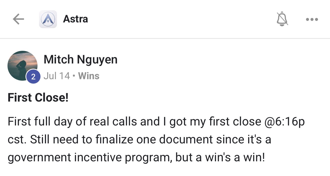 Community member sharing a first close on day one of calls
